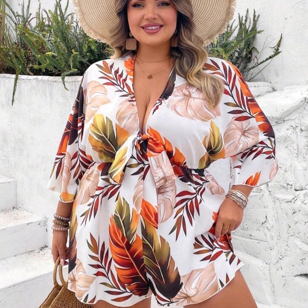V-Neck Loose Printed Romper Short Jumpsuit With Tie Belt 6X (24/26)